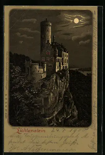 Lithographie Lichtenstein, Blick auf Burg