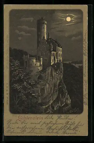 Lithographie Lichtenstein, Schloss bei Nacht