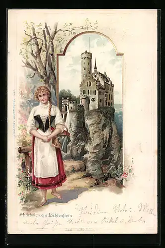 Passepartout-Lithographie Lichtenstein, Bärbele von Lichtenstein vor dem Schloss