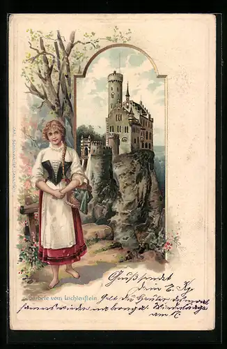 Passepartout-Lithographie Lichtenstein, Bärbele von Lichtenstein vor dem Schloss