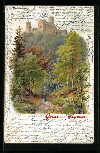 Lithographie Wartburg mit Herbst-Spaziergängern