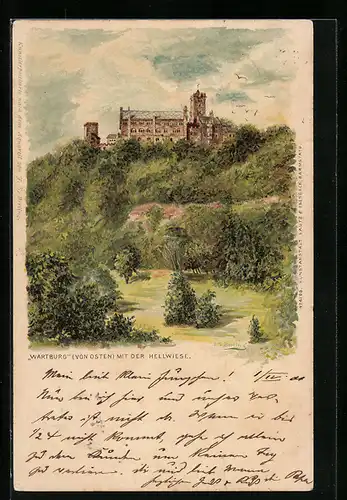 Lithographie Wartburg mit der Hellwiese