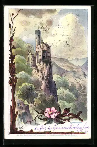 Künstler-AK Lichtenstein, Ansicht der Burg auf steilem Felsen
