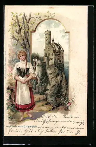 Passepartout-Lithographie Lichtenstein, Bärbele von Lichtenstein vor dem Schloss