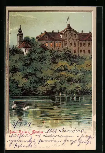 Lithographie Insel Mainau, Blick auf das Schloss, Schwäne auf dem See
