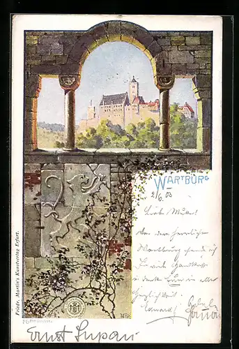 Lithographie Eisenach, Ansicht der Wartburg