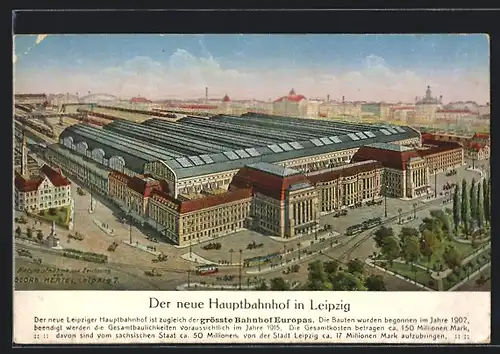 Künstler-AK Leipzig, Hauptbahnhof, Strassenbahnen auf dem Vorplatz