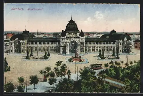 AK Nürnberg, Strassenbahn vor dem Hauptbahnhof