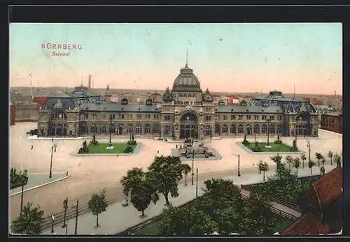 AK Nürnberg, Vorplatz mit Bahnhof aus der Vogelschau