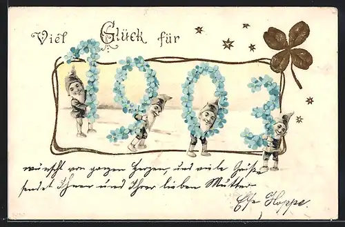 AK Jahreszahl 1903 aus Blüten mit Zwergen