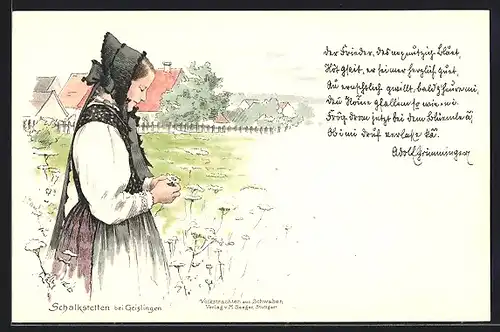 Lithographie Schalkstetten, blonde junge Frau in schwäbischer Tracht