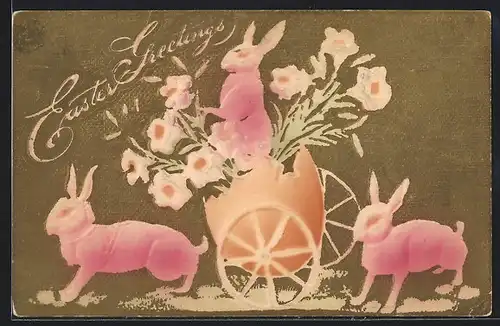 Präge-Airbrush-AK Osterhasen mit Eierschale voller Blumen