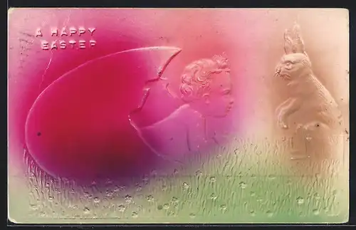 Präge-Airbrush-AK Kind klettert aus Eierschale, Osterhase