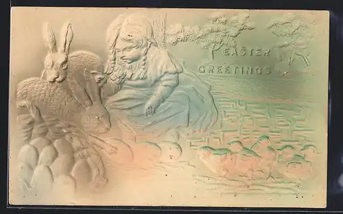Präge-Airbrush-AK Mädchen mit Osterhasen