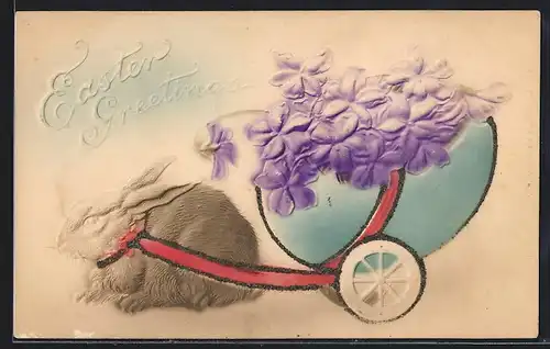 Präge-Airbrush-AK Osterhase zieht Osterei mit Blumen