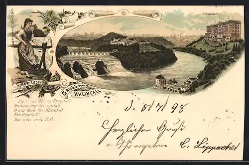Lithographie Schaffhausen, Hotel Schweizerhof und Rheinfall mit Eisenbahnbrücke, Frau in Tracht