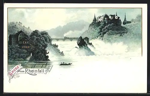 Lithographie Rheinfall mit Boot