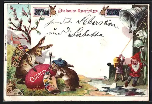 Lithographie Osterhasen mit Ostereiern, Zwerg läutet Osterglocke