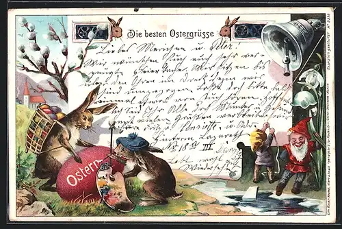 Lithographie Zwerg läutet Osterglocke, Osterhasen