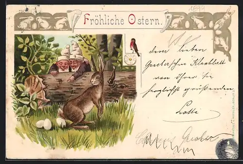 Lithographie Zwerge beobachten den Osterhasen beim Eierlegen