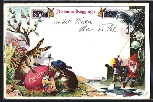 AK Osterhasen bemalen Osterei, Zwerg läutet die Glocke
