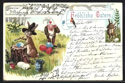 Lithographie Osterhase bemalt Ostereier, Zwerg verfärbt sich die Hand an einem Osterei