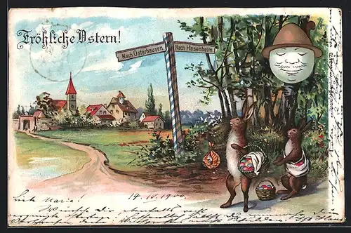 AK Osterhasen mit bemalten Eiern auf dem Weg nach Osterhausen