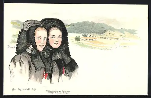 AK Rottweil a. N., Junge Mädchen in schwäbischen Trachten