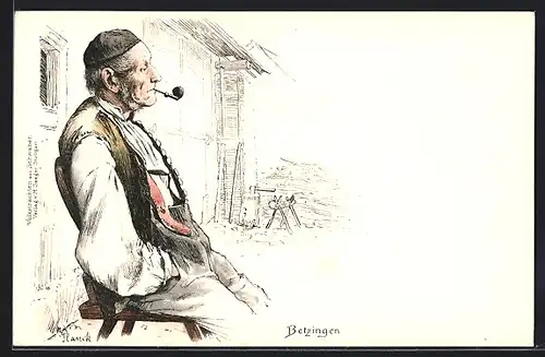 Lithographie Betzingen, Älterer Mann in schwäbischer Tracht mit Tabakspfeife