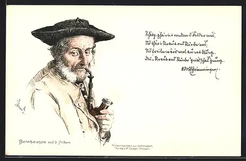 Lithographie Bernhausen, Mann in schwäbischer Tracht mit Pfeiffe