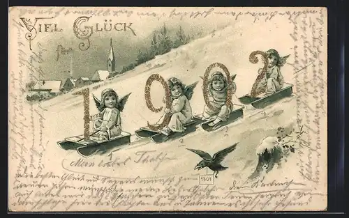 AK Kleine Neujahrsengel rodeln mit der Jahreszahl 1902 den Hang hinab