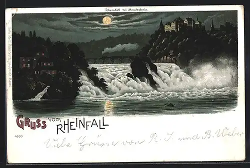 Lithographie Rheinfall, Gesamtansicht bei Vollmond