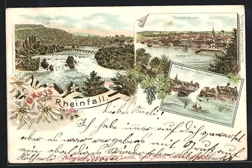 Lithographie Rheinfall bei Schaffhausen, Der Munoth mit Rheinbrücke