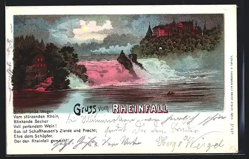 AK Rheinfall, Wasserfall mit Beleuchtung und Schlössern