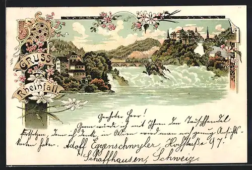 Lithographie Rheinfall, Ortsansicht mit Brücke und Umgebung