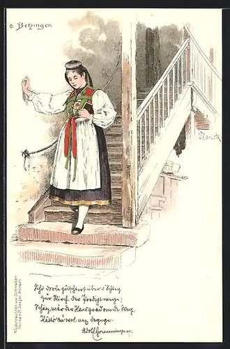 Lithographie Betzingen, Mädchen in schwäbischer Tracht