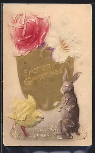Präge-Airbrush-AK Osterei mit Blumen, Küken und Osterhase