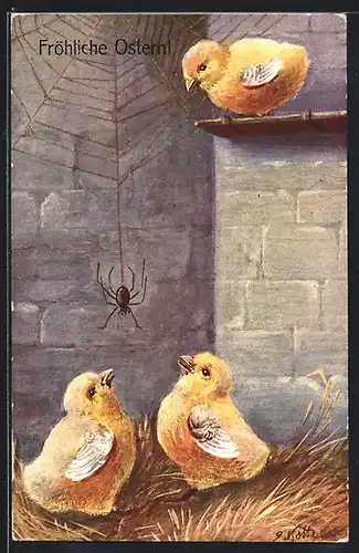 AK Drei Küken mit hängender Spinne, Ostergruss