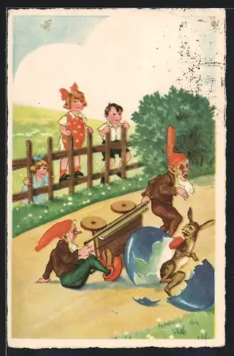 AK Zwergen kippt Karren mit dem Osterhasen um