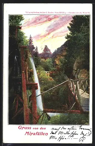 AK Mirafälle, Ortsansicht mit Brücke