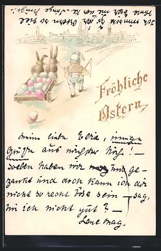 Präge-AK Zwerg mit Osterhasengespann, Ostergruss