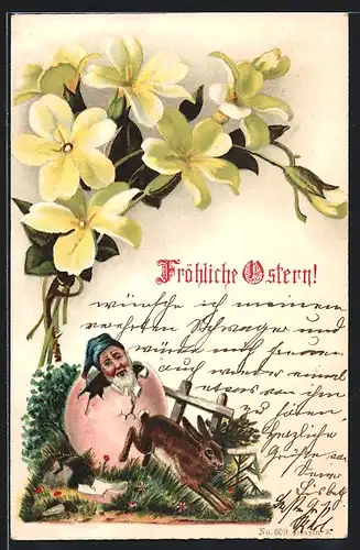 AK Zwerg im Osterei mit Osterhasen, Ostergruss