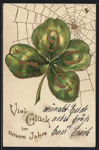Lithographie Viel Glück im neuen Jahr, Spinne im Netz an einem Kleeblatt