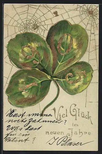 Präge-AK Jahreszahl im Kleblatt mit Spinnennetzen, Neujahrsgruss 1905