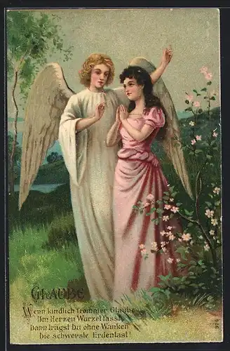 Klapp-AK Allegorie Glaube, Engel mit rosa gekleideter Dame, Spruch
