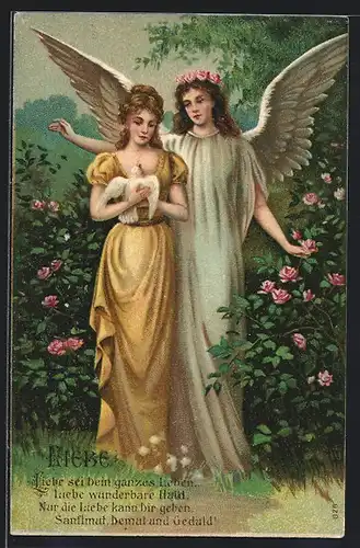 AK Dame mit weisser Taube und Engel, Charity