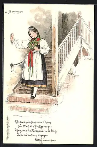 Lithographie Betzingen, Mädchen in schwäbischer Tracht