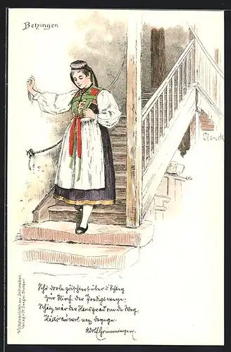Lithographie Betzingen, Mädchen in schwäbischer Tracht