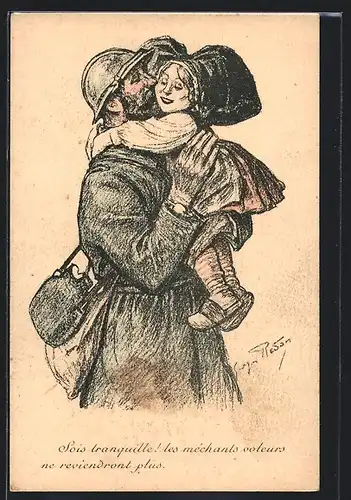 Künstler-AK Französischer Soldat wird nach Kriegsrückkehr von seiner Tochter begrüsst, Propaganda