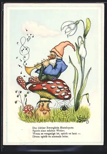Künstler-AK Flötespielender Zwerg sitzt auf einem Fliegenpilz